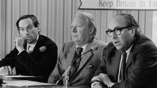 Liberal Democrat Party politician Jeremy Thorpe, Conservative Party politician Edward Heath and Labour Party politician Roy Jenkins during a press conference in London in May 1975. (Getty)