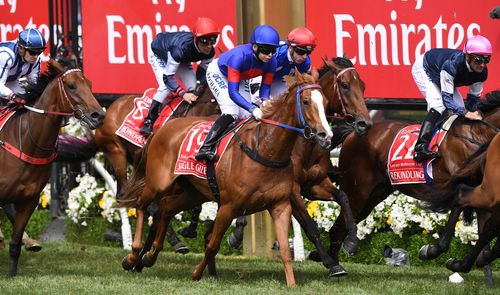Horses race in the 2017 Melbourne Cup. None of the pictured horses are in any way linked to the Racing Victoria investigation. (AAP)