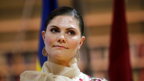 Crown Princess Victoria of Sweden visits the Latvian National Library in Riga, Latvia on April 27, 2018. (EPA)