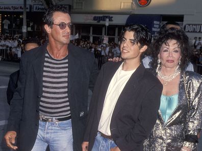 Sylvester Stallone, son Sage Stallone and mother Jackie Stallone attend the "True Lies" Westwood Premiere on July 12, 1994 at the Mann Village Theatre in Westwood, California.