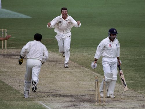 Stuart MacGill of Australia in a 1998 Ashes game at the Gabba, after his Pakistan tour.