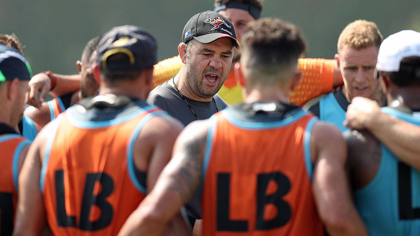 Michael Cheika, Head Coach of Australia talks to this players during a training session at Urayasu Park 