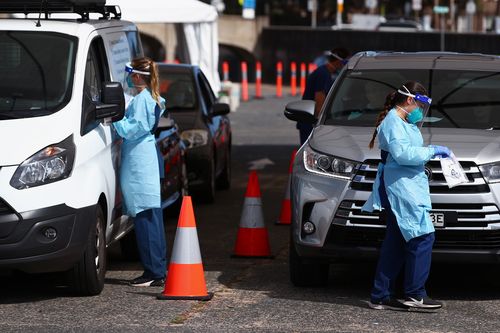 Nurses are seen conducting  COVID-19 tests at the Bondi Beach testing clinic on November 04, 2020 in Sydney, Australia.