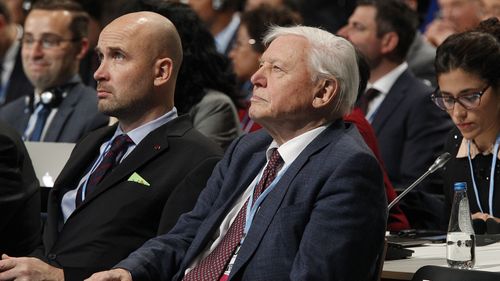 British naturalist David Attenborough (C) and Polish government climate envoy Marcin Korolec (L) attend the opening ceremony of the COP24 summit in Katowice, Poland, 03 December 2018.