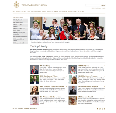 The Royal House of Norway's website, as seen in August 2024.