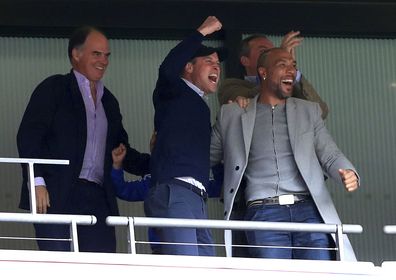 Prince William reacts with joy as Aston Villa is promoted to Premier League