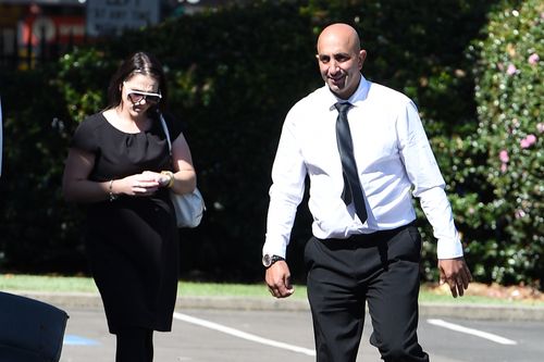 Amin Zraika, (right), and April Barber return during a break in proceedings at the Supreme Court in Sydney in April last year. (AAP)