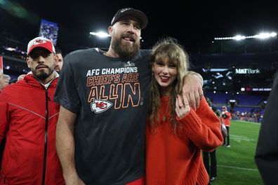 Taylor Swift and Travis Kelce after the Chiefs win at the AFC Championship Game.