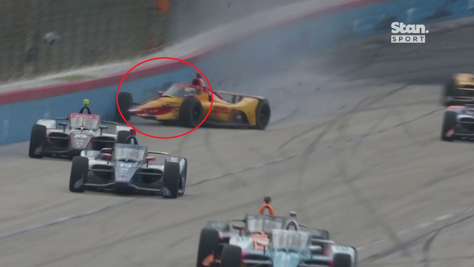 Romain Grosjean hits the wall on the penultimate lap of the IndyCar race at Texas Motor Speedway.