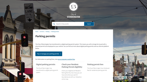 Uma captura de tela da nova página de autorizações de estacionamento no site da Câmara Municipal de Stonnington.