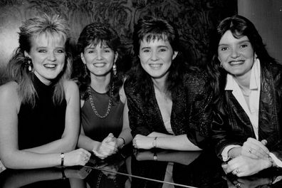 The Nolan sisters, British singing group here to tour Aust. pictured at the Southern cross hotel. L to R. Bernie, Maureen, Coleen, Anne. May 19, 1986. (Photo by Barry Chapman/Fairfax Media)