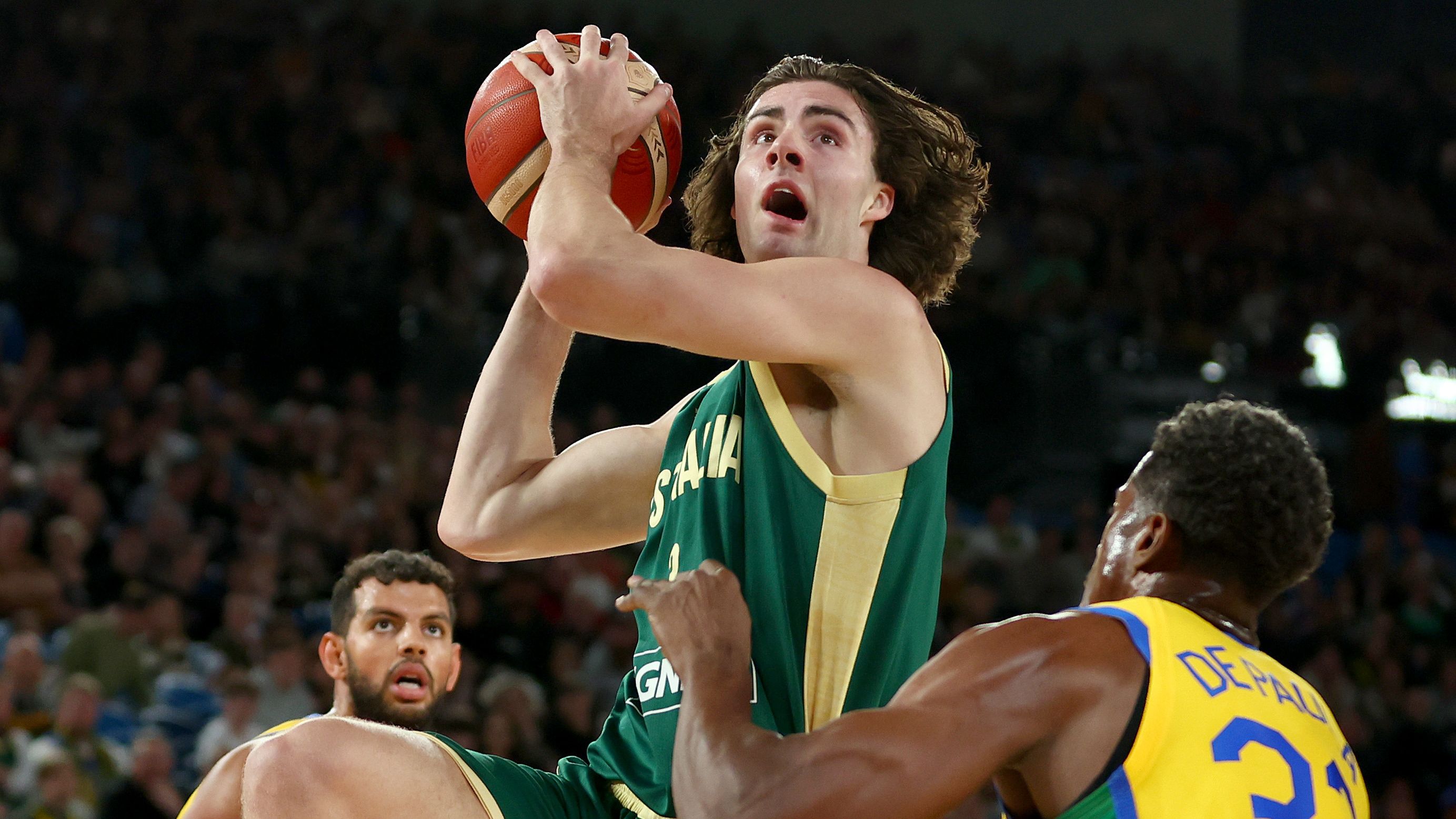 MELBOURNE, AUSTRALIA - AUGUST 16: Josh Giddey of Australia looks towards goal during the match between the Australia Boomers and Brazil at Rod Laver Arena on August 16, 2023 in Melbourne, Australia. (Photo by Graham Denholm/Getty Images)