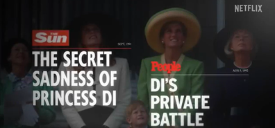 Headlines that ran about Princess Diana are also shown in the documentary trailer.