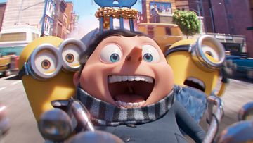 This image released by Universal Pictures shows characters, from left, Kevin, Gru, voiced by Steve Carell, and Stuart in a scene from &quot;Minions: The Rise of Gru.&quot;