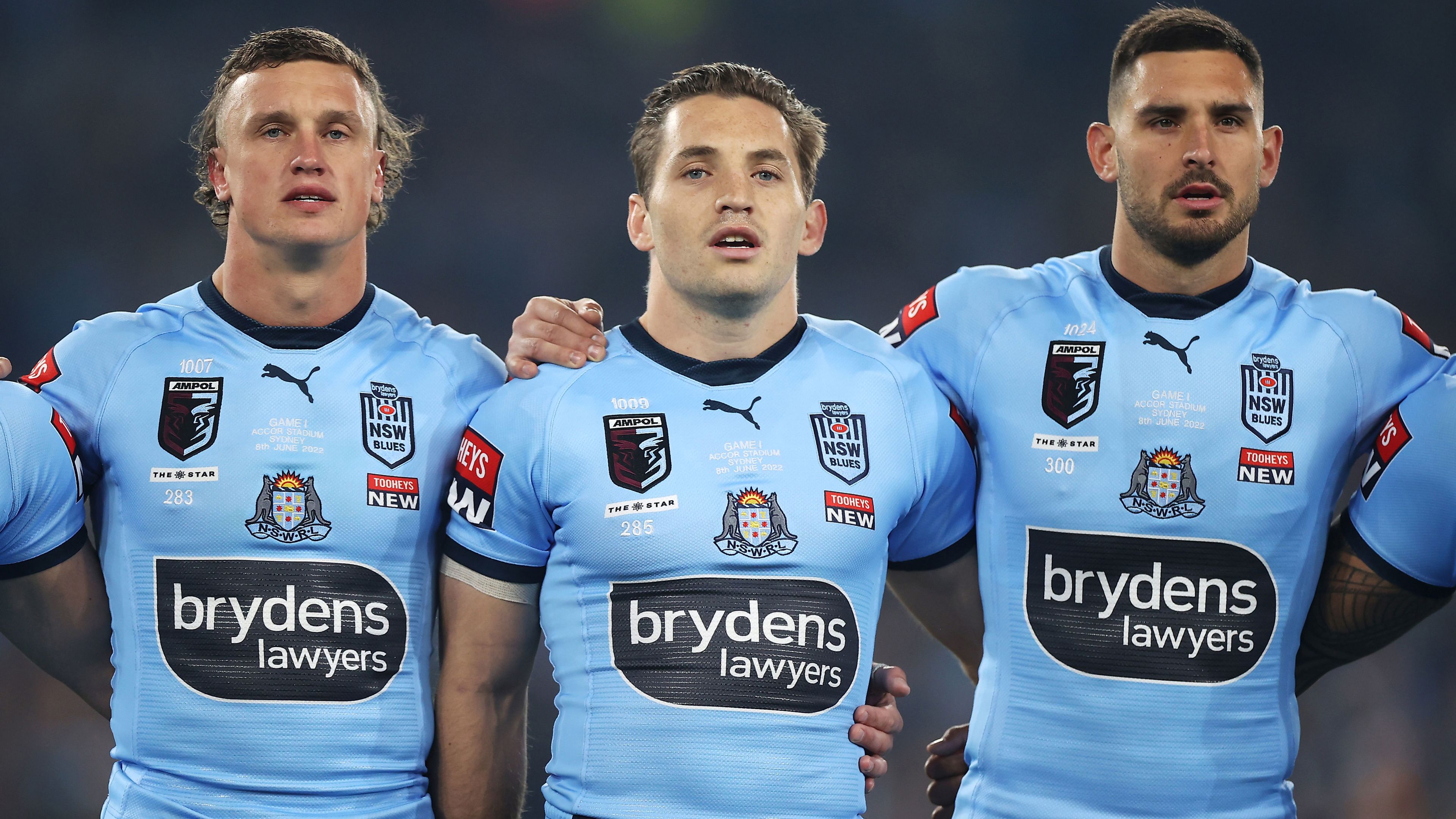 NSW players Jack Wighton, Cameron Murray and Ryan Matterson stand for the national anthem before game one of the 2022 State of Origin series.
