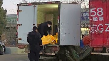 Workers load body bags into a truck at a funeral complex in Beijing, December 16, 2022. Deaths linked to COVID are beginning to appear in China, even as those deaths are not reflected in the official tally. 