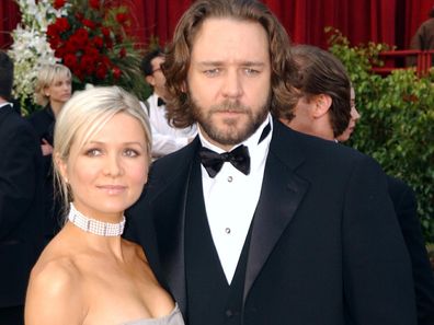 Russell Crowe and Danielle Spencer during The 74th Annual Academy Awards in 2002.