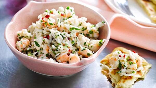 Crab and prawn salad with crispy roti