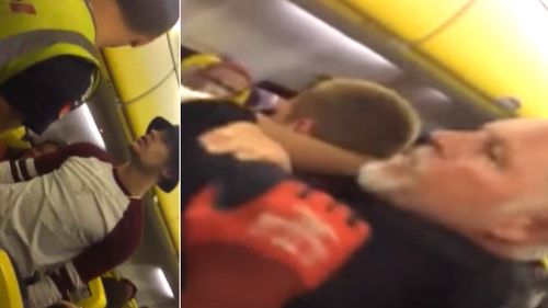 Going, gone: A 22-year-old man was choked out by a grey-haired hero on a Ryanair flight between Spain and England. 