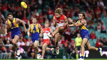 James Rowbottom of the Swans kicks during the round 15 AFL match between Sydney Swans and West Coast Eagles at Sydney Cricket Ground, on June 24, 2023, in Sydney, Australia.