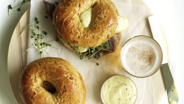 Salt beef with caramelised onion bagels and hot mustard sauce
