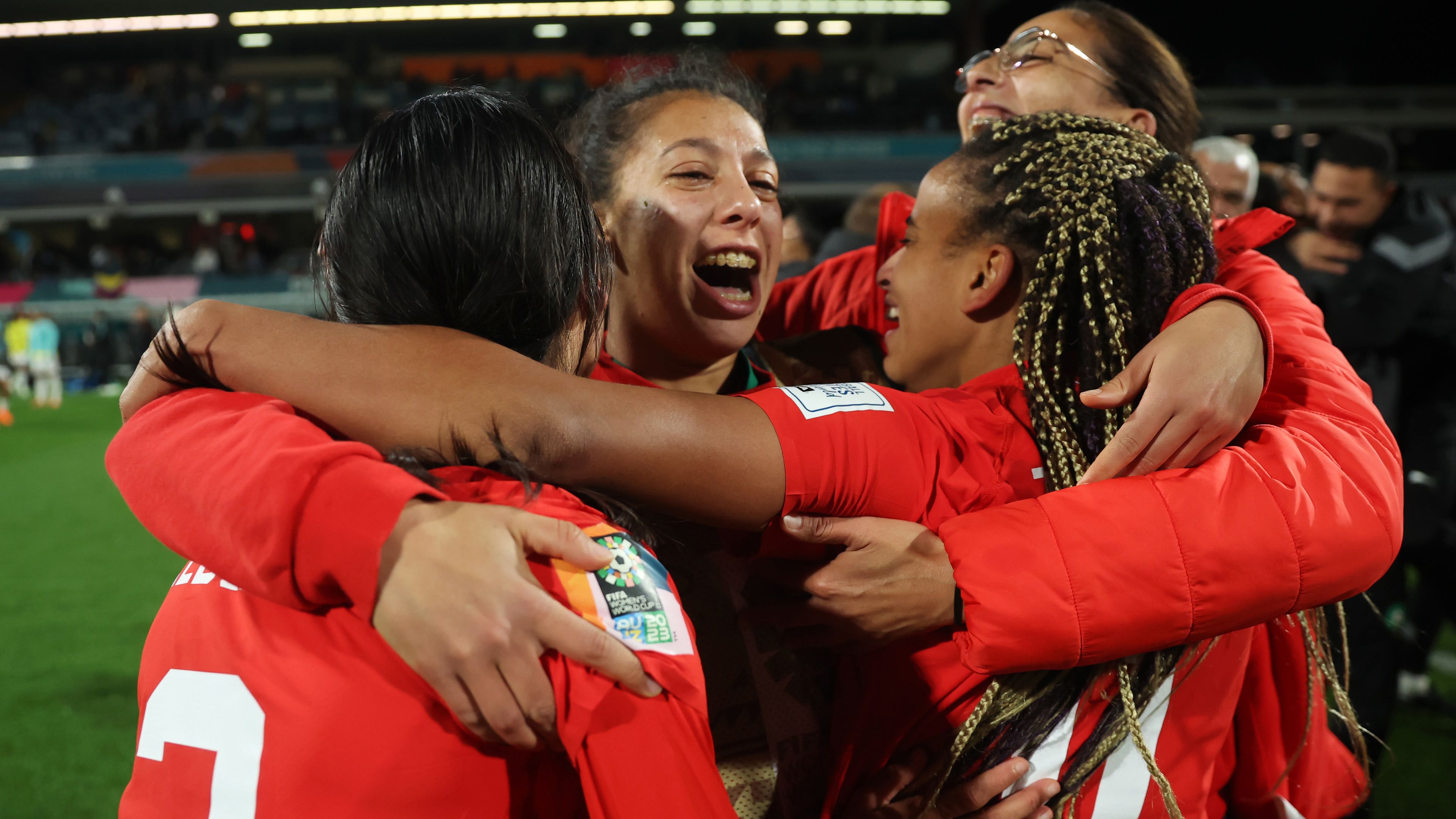 PERTH, AUSTRALIA - AUGUST 03: Morocco players celebrate advancing to the knock out stage after the 1-0 victory in the FIFA Women&#x27;s World Cup Australia &amp; New Zealand 2023 Group H match between Morocco and Colombia at Perth Rectangular Stadium on August 03, 2023 in Perth, Australia. (Photo by Alex Grimm - FIFA/FIFA via Getty Images)