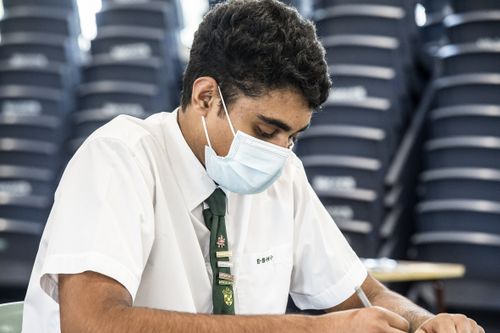 Epping Boys High School HSC students after the first English exam. Pictured is Lachintha Kankanamage 9th November 2021 Photo: Steven Siewert