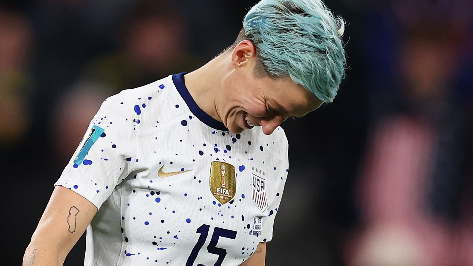 Megan Rapinoe of USA reacts after missing her team&#x27;s fourth penalty in the penalty shoot out during the FIFA Women&#x27;s World Cup Australia &amp; New Zealand 2023 Round of 16 match between Sweden and USA at Melbourne Rectangular Stadium on August 06, 2023 in Melbourne / Naarm, Australia. (Photo by Alex Pantling - FIFA/FIFA via Getty Images)