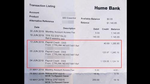 A statement from Mr Madgwick's bank account, which shows Centrelink made Newstart payments to him five, six and 14 days after his death. 