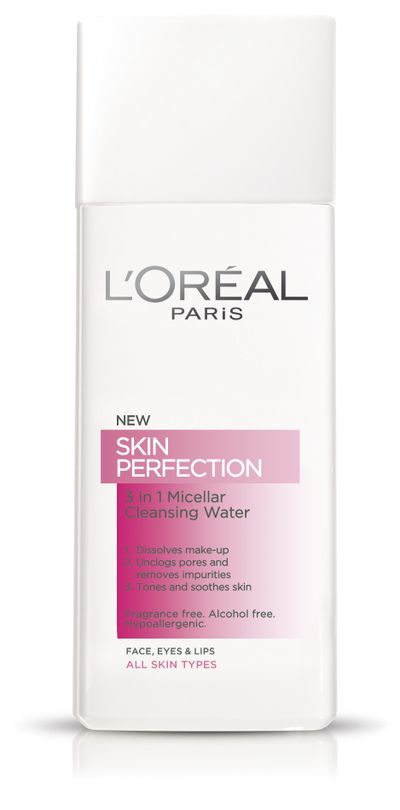 <a href="http://www.lorealparis.com.au/skincare/face-care/skin-perfection/micellar-cleansing-water.aspx" target="_blank">L’Oreal Paris Skin Perfection 3 in 1 Micellar CleansingWater, $12.95.</a>