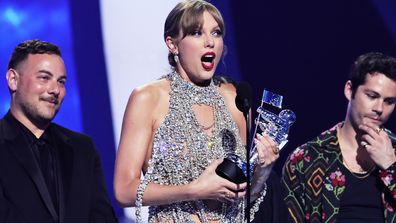 Taylor Swift accepts an award onstage at the 2022 MTV VMAs at Prudential Center on August 28, 2022 in Newark, New Jersey. 