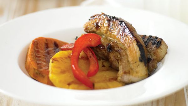 Barbecue pork with kumara and pineapple