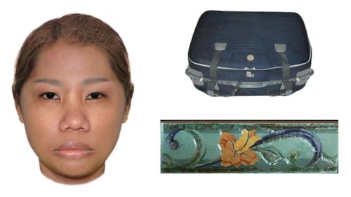 An image of the woman, the suitcase and the tiles found with the body. (Western Australia Police)