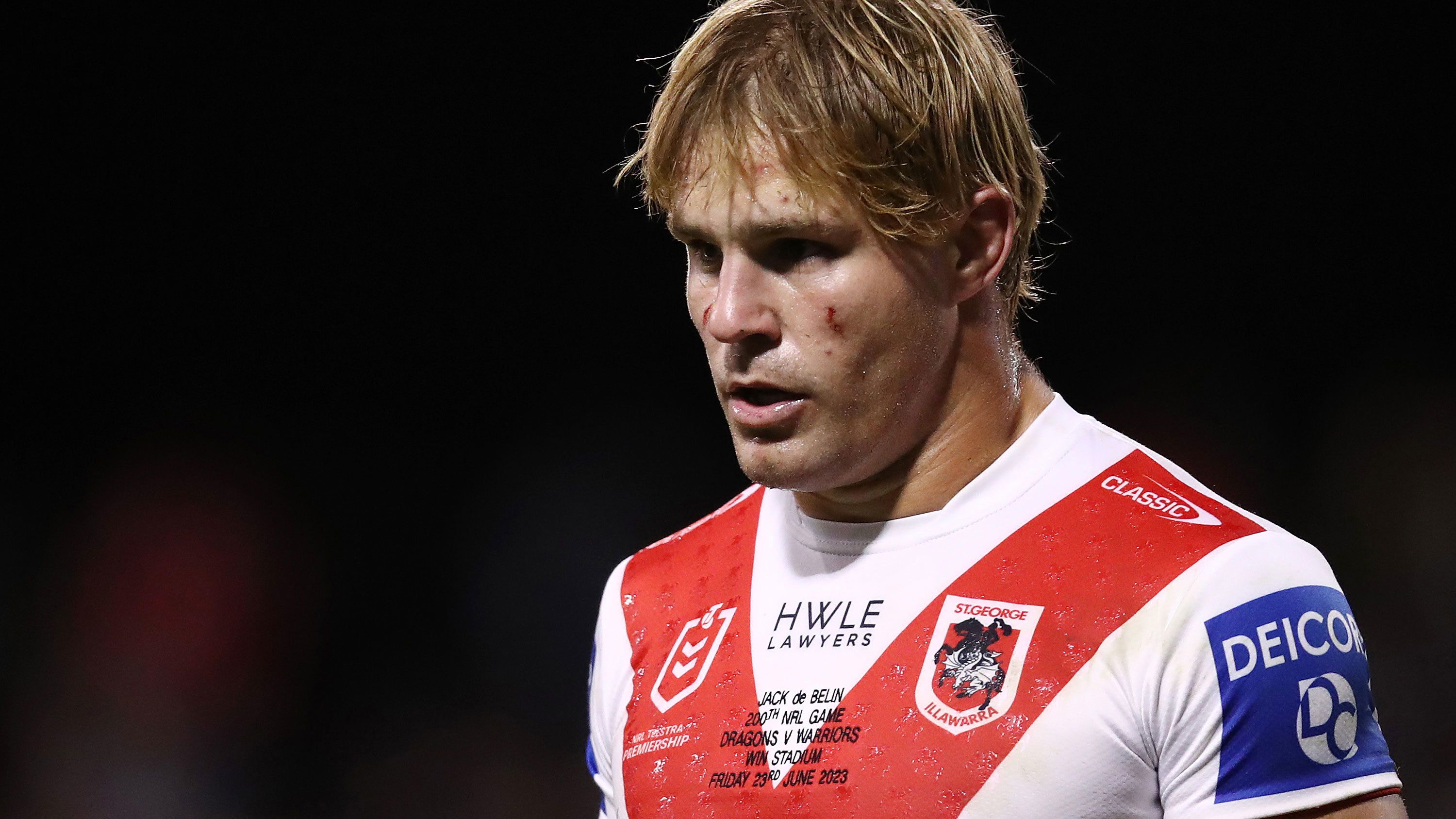 Dragons star Jack de Belin looks on during the round 17 match against the Warriors at WIN Stadium on June 23, 2023 in Wollongong, Australia. 