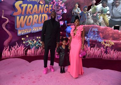Dwyane Wade, Kaavia James Union Wade, and Gabrielle Union attend the world premiere of Walt Disney Animation Studios'  Strange World at El Capitan Theatre in Hollywood, California on November 15, 2022. (Photo by Alberto E. Rodriguez/Getty Images for Disney)