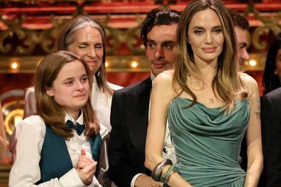 Vivienne Jolie-Pitt and Angelina Jolie accept the Tony Award for Best Musical for their play The Outsiders in June 2024.