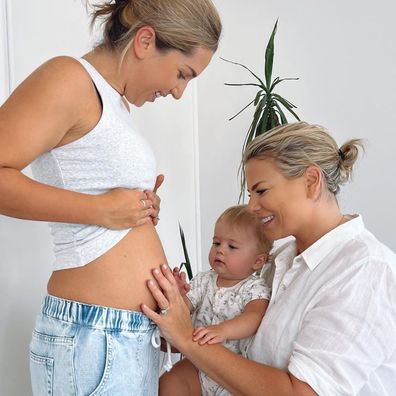 Fiona Falkiner and pregnant fiancé Hayley Willis with son hunter. 