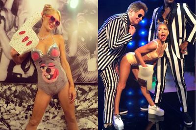 October 31: Miley inspired many on Halloween! <br/><br/>Our faves included Paris Hilton (who would've been more believable if she stuck her tongue out more than once), and Kelly Ripa who twerked on each and every faux-Robin Thicke.