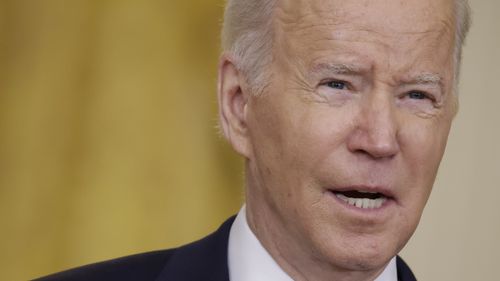 U.S. President Joe Biden speaks on Russia and Ukraine in the East Room of the White House in Washington, D.C., U.S., on Tuesday, Feb. 22, 2022. Biden is addressing the situation in Ukraine, with the U.S. expected to announce new sanctions after the European Union and the U.K. set out an initial set of penalties targeting Moscow. Photographer: Samuel Corum/Bloomberg