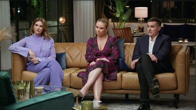 The experts look dubious as Harrison cries over his wife Bronte's endometriosis at the third Commitment Ceremony on MAFS 2023