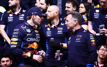 Race winner Max Verstappen of Red Bull Racing talks with team principal Christian Horner as they celebrate after the Bahrain Grand Prix. 