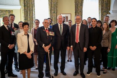 Prime Minister Anthony Albanese and Corporal Mark Donaldson VC, Emily Regan, Keith Payne, GG, GGs wife, Sam Kerr, Leanne Benjamin AM OBE, Yasmin Poole, Madeline Easton  Corporal Daniel Keighran VC, Professor Merryn Voysey, Claire Spencer AM, Daniel Nour, Minette Salmon, Richard Joyes VC, Yvonne Jenny AM, Adam Hills.