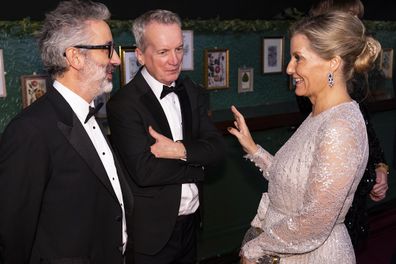 LONDON, ENGLAND - DECEMBER 01: Sophie, Countess of Wessex meets (L-R Ian Broudie, David Baddiel and Frank Skinner, at the Royal Variety Performance at the Royal Albert Hall in London. (Photo David Parry - WPA Pool/Getty Images)