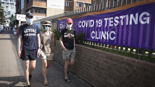 Covid 19 Generics wearing mask in Manly Sydney next to Covid Testing Clinic Sign 15/01/22 Picture Renee Nowytarger / SMH