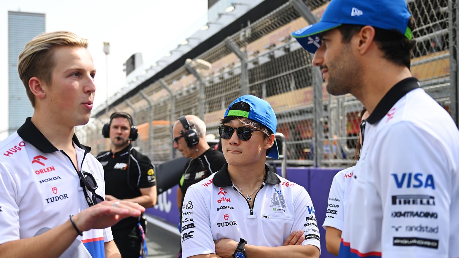 Liam Lawson (left) with Yuki Tsunoda (centre) and Daniel Ricciardo at the Saudi Arabian Grand Prix.
