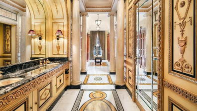 One of the 10 bathrooms in Versace's former stately New York townhouse.
