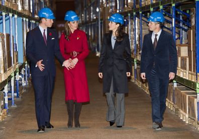 (L-R) Prince William, Duke of Cambridge, Catherine, Duchess of Cambridge Crown Princess Mary of Denmark and Crown Prince Frederik of Denmark during a visit to the UNICEF Emergency Supply Centre on November 2, 2011 in Copenhagen, Denmark. 