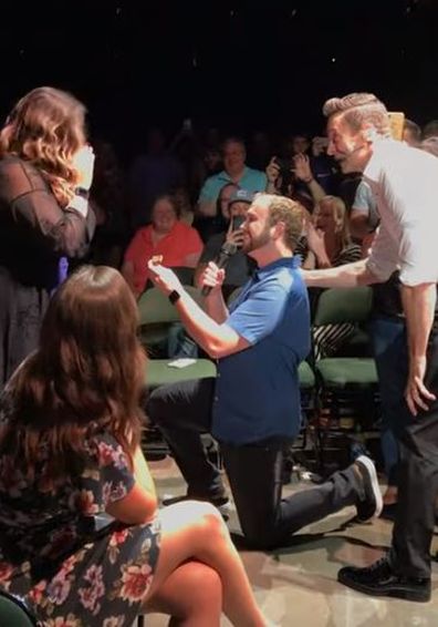 Hugh Jackman helps fan Joe Kripal propose to girlfriend Sanaa Ahmed during world tour