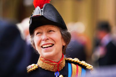 LONDON, ENGLAND - JUNE 15: Princess Anne, the Princess Royal, speaks with guests after the presentation of the new Sovereign's Standard to The Blues and Royals during a ceremony at Buckingham Palace 