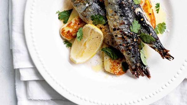 February: sardines grilled with chilli, haloumi and mint
